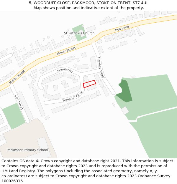 5, WOODRUFF CLOSE, PACKMOOR, STOKE-ON-TRENT, ST7 4UL: Location map and indicative extent of plot