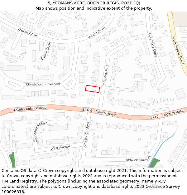 5, YEOMANS ACRE, BOGNOR REGIS, PO21 3QJ: Location map and indicative extent of plot