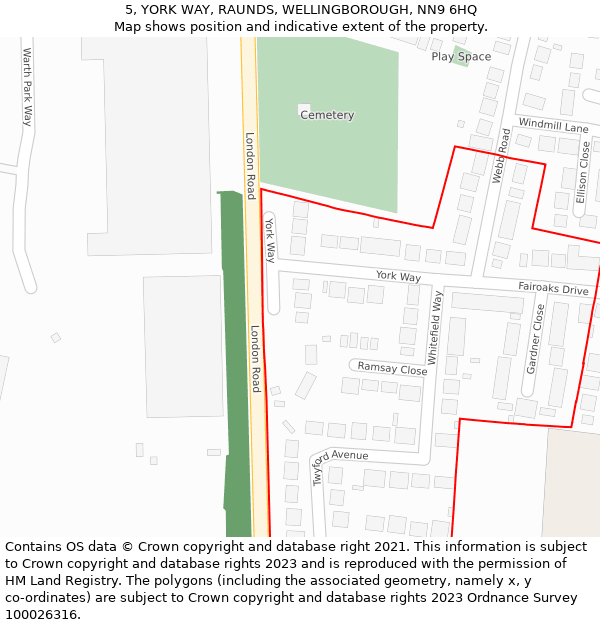 5, YORK WAY, RAUNDS, WELLINGBOROUGH, NN9 6HQ: Location map and indicative extent of plot