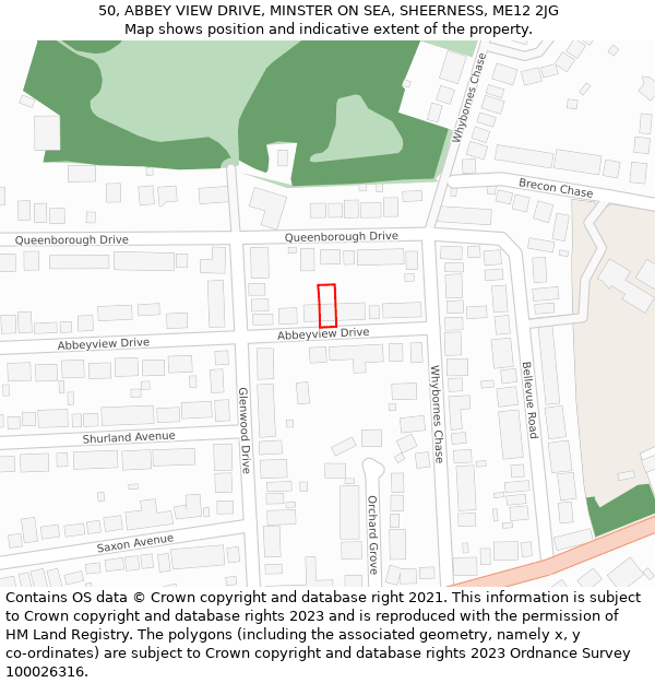 50, ABBEY VIEW DRIVE, MINSTER ON SEA, SHEERNESS, ME12 2JG: Location map and indicative extent of plot