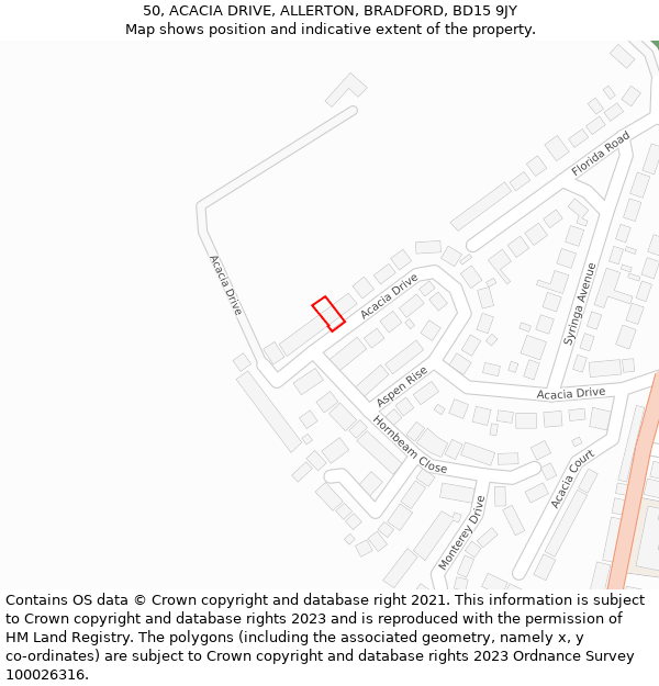 50, ACACIA DRIVE, ALLERTON, BRADFORD, BD15 9JY: Location map and indicative extent of plot
