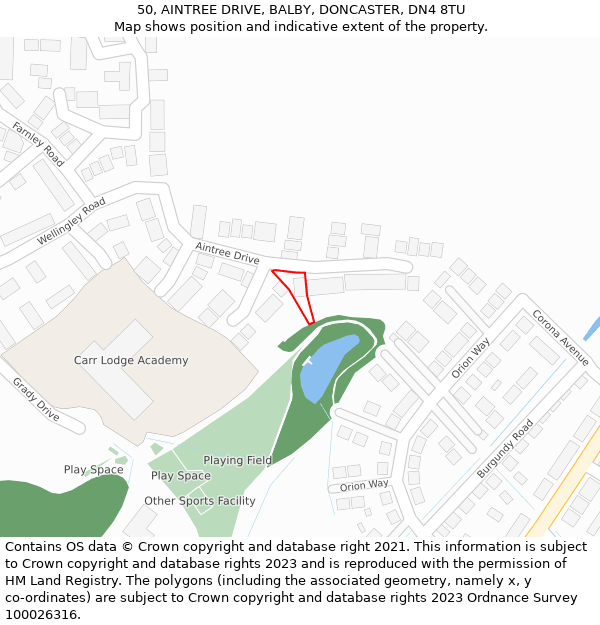 50, AINTREE DRIVE, BALBY, DONCASTER, DN4 8TU: Location map and indicative extent of plot