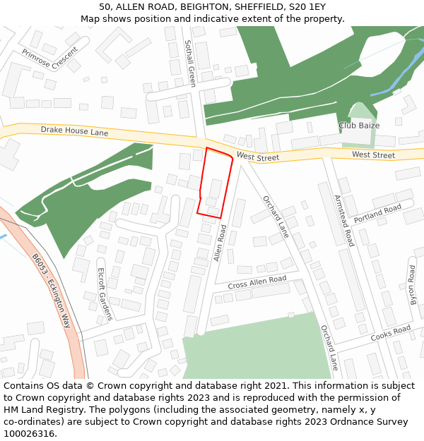 50, ALLEN ROAD, BEIGHTON, SHEFFIELD, S20 1EY: Location map and indicative extent of plot