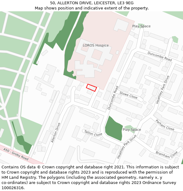 50, ALLERTON DRIVE, LEICESTER, LE3 9EG: Location map and indicative extent of plot