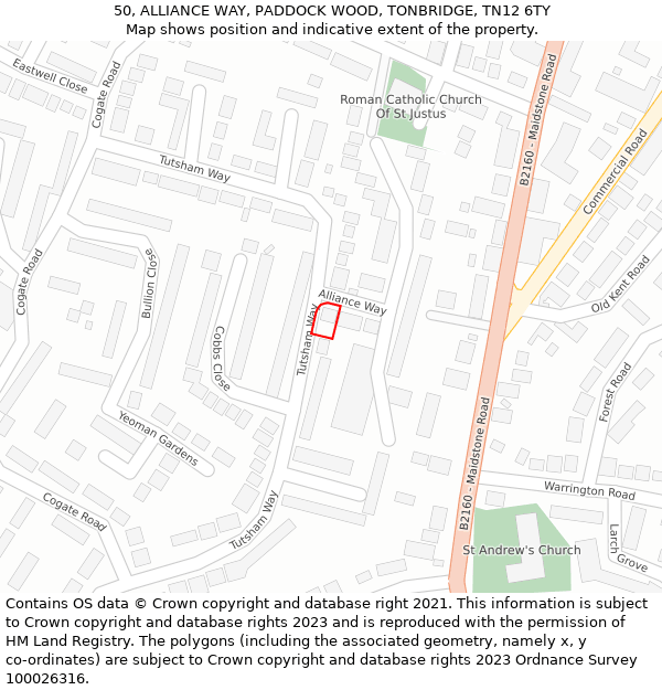 50, ALLIANCE WAY, PADDOCK WOOD, TONBRIDGE, TN12 6TY: Location map and indicative extent of plot