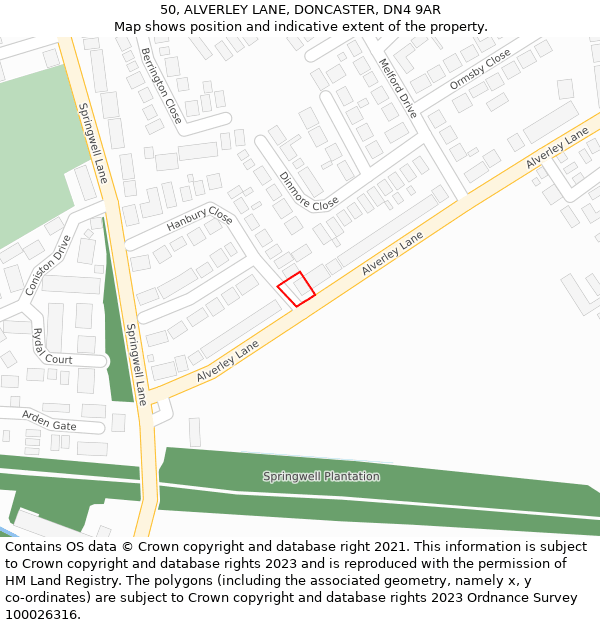50, ALVERLEY LANE, DONCASTER, DN4 9AR: Location map and indicative extent of plot