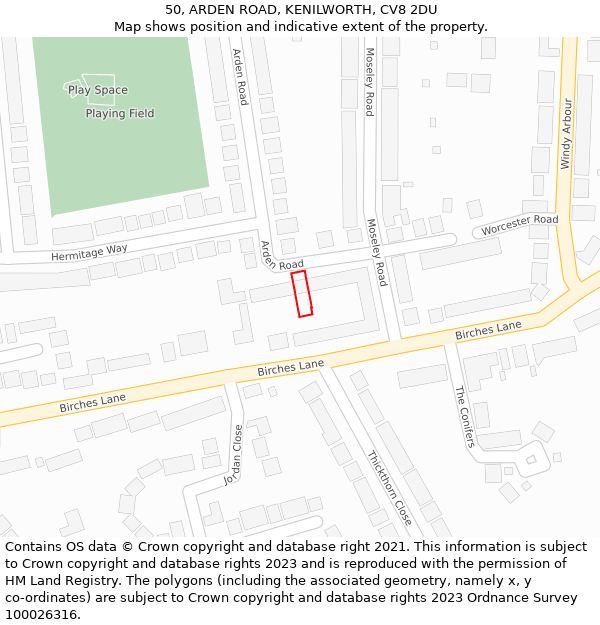 50, ARDEN ROAD, KENILWORTH, CV8 2DU: Location map and indicative extent of plot