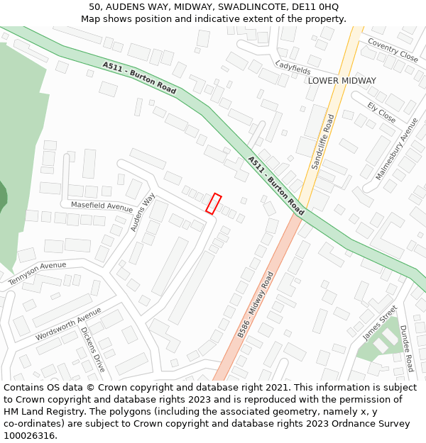 50, AUDENS WAY, MIDWAY, SWADLINCOTE, DE11 0HQ: Location map and indicative extent of plot