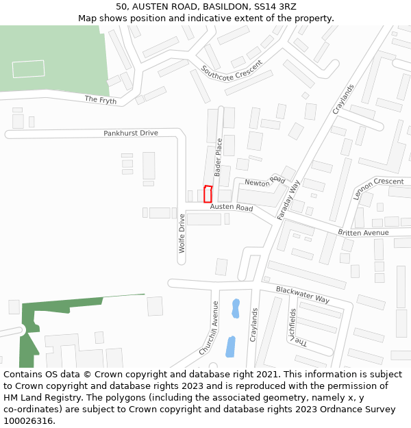 50, AUSTEN ROAD, BASILDON, SS14 3RZ: Location map and indicative extent of plot