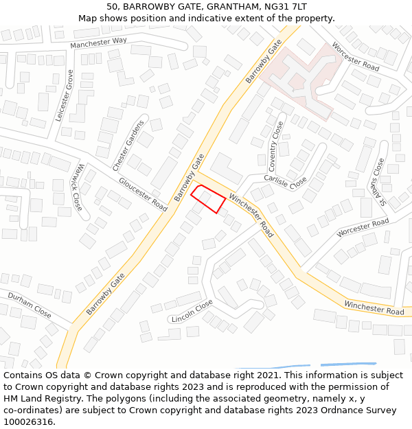 50, BARROWBY GATE, GRANTHAM, NG31 7LT: Location map and indicative extent of plot