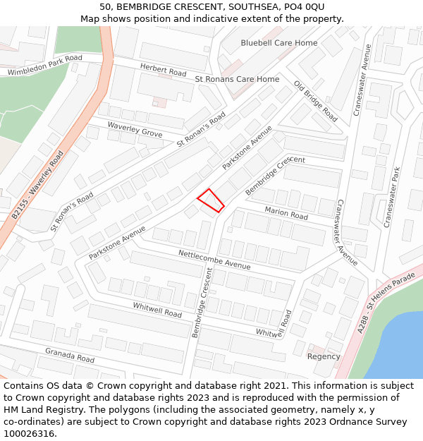 50, BEMBRIDGE CRESCENT, SOUTHSEA, PO4 0QU: Location map and indicative extent of plot