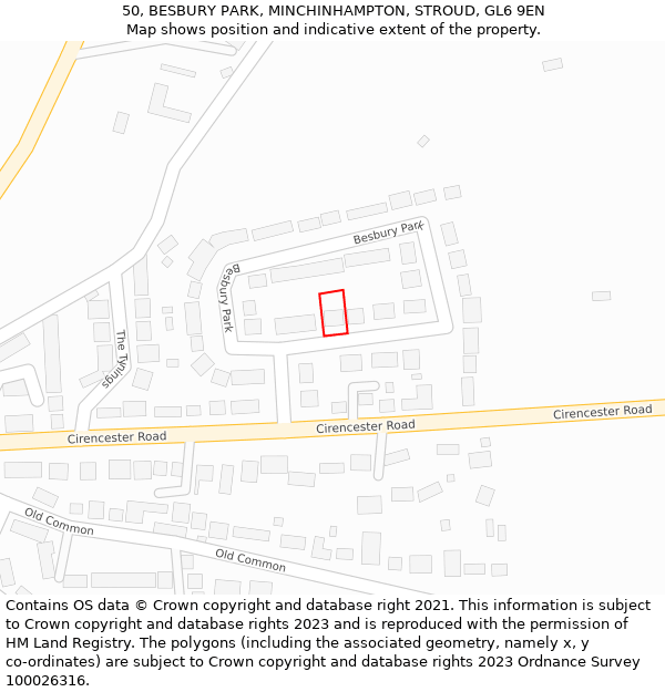 50, BESBURY PARK, MINCHINHAMPTON, STROUD, GL6 9EN: Location map and indicative extent of plot