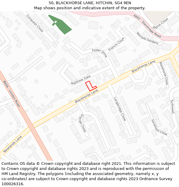 50, BLACKHORSE LANE, HITCHIN, SG4 9EN: Location map and indicative extent of plot