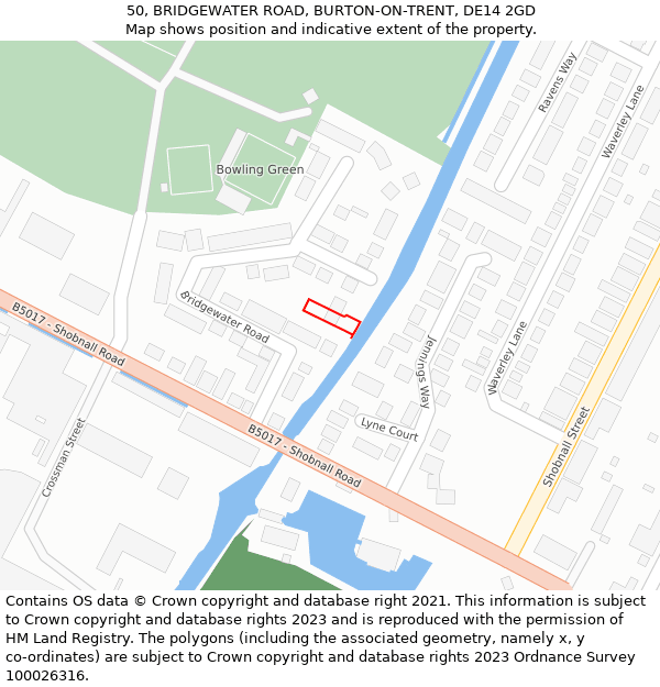 50, BRIDGEWATER ROAD, BURTON-ON-TRENT, DE14 2GD: Location map and indicative extent of plot