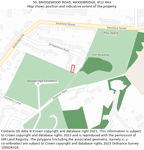 50, BRIDGEWOOD ROAD, WOODBRIDGE, IP12 4HA: Location map and indicative extent of plot