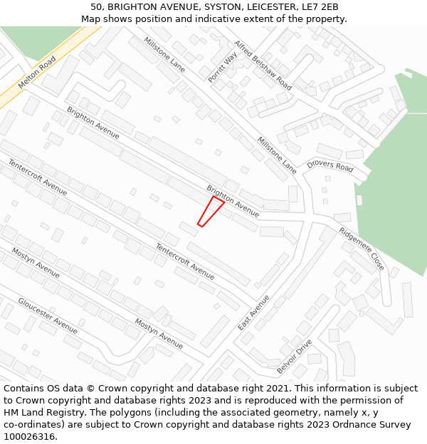 50, BRIGHTON AVENUE, SYSTON, LEICESTER, LE7 2EB: Location map and indicative extent of plot