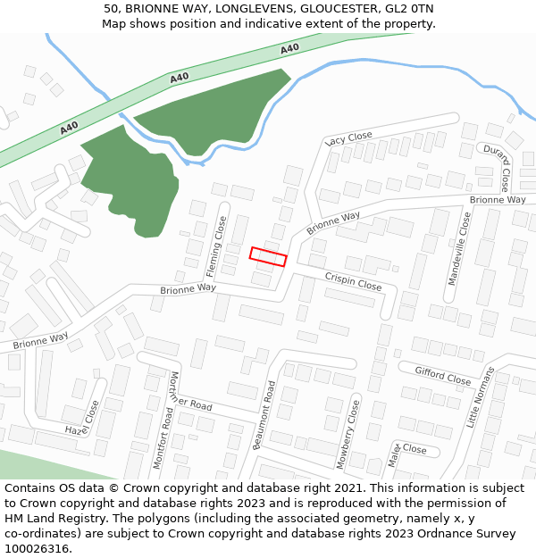 50, BRIONNE WAY, LONGLEVENS, GLOUCESTER, GL2 0TN: Location map and indicative extent of plot