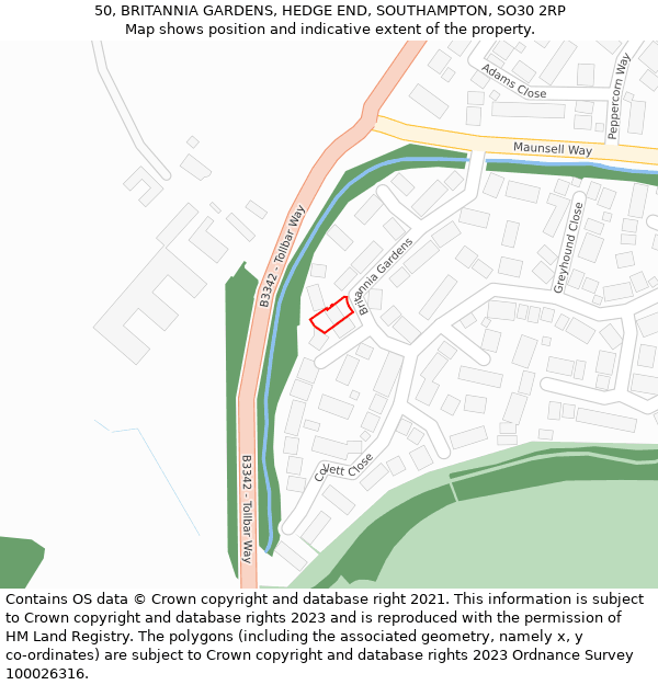 50, BRITANNIA GARDENS, HEDGE END, SOUTHAMPTON, SO30 2RP: Location map and indicative extent of plot