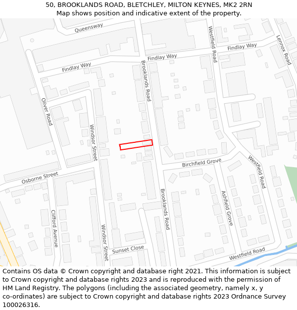 50, BROOKLANDS ROAD, BLETCHLEY, MILTON KEYNES, MK2 2RN: Location map and indicative extent of plot