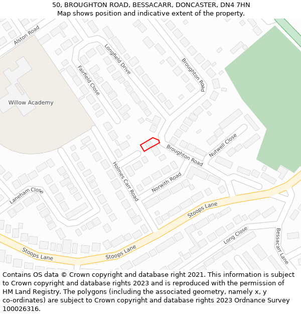 50, BROUGHTON ROAD, BESSACARR, DONCASTER, DN4 7HN: Location map and indicative extent of plot