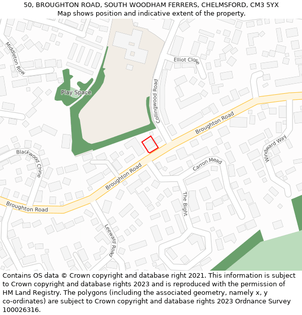 50, BROUGHTON ROAD, SOUTH WOODHAM FERRERS, CHELMSFORD, CM3 5YX: Location map and indicative extent of plot
