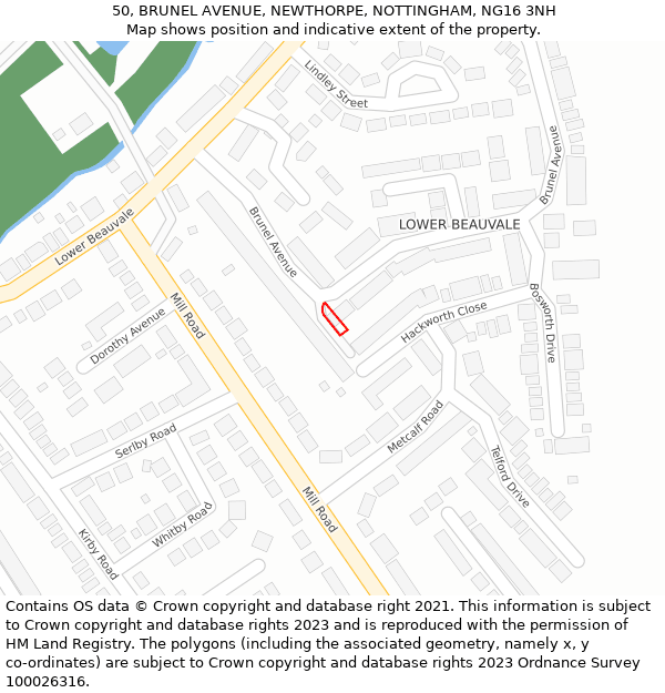 50, BRUNEL AVENUE, NEWTHORPE, NOTTINGHAM, NG16 3NH: Location map and indicative extent of plot