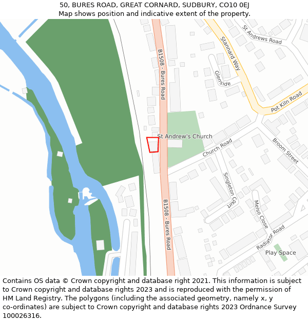 50, BURES ROAD, GREAT CORNARD, SUDBURY, CO10 0EJ: Location map and indicative extent of plot