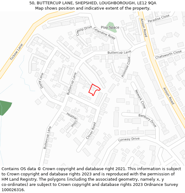 50, BUTTERCUP LANE, SHEPSHED, LOUGHBOROUGH, LE12 9QA: Location map and indicative extent of plot