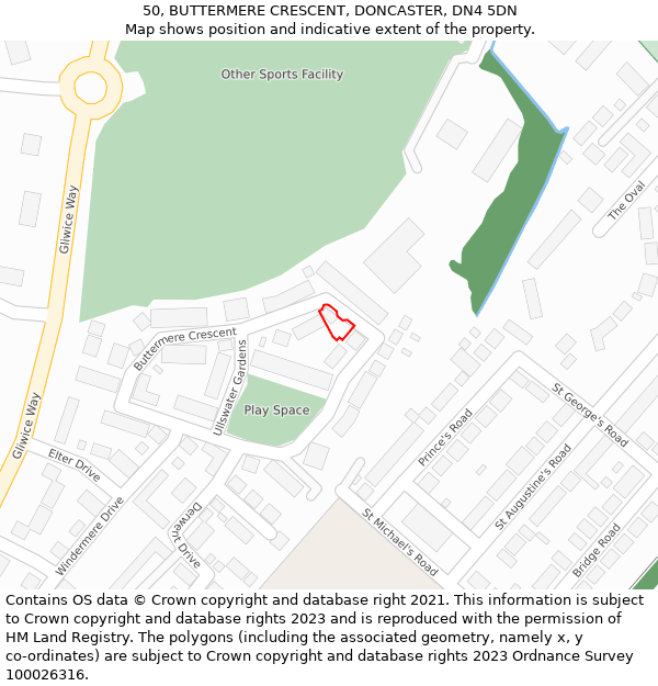 50, BUTTERMERE CRESCENT, DONCASTER, DN4 5DN: Location map and indicative extent of plot