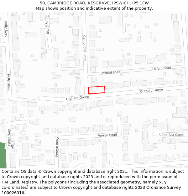 50, CAMBRIDGE ROAD, KESGRAVE, IPSWICH, IP5 1EW: Location map and indicative extent of plot