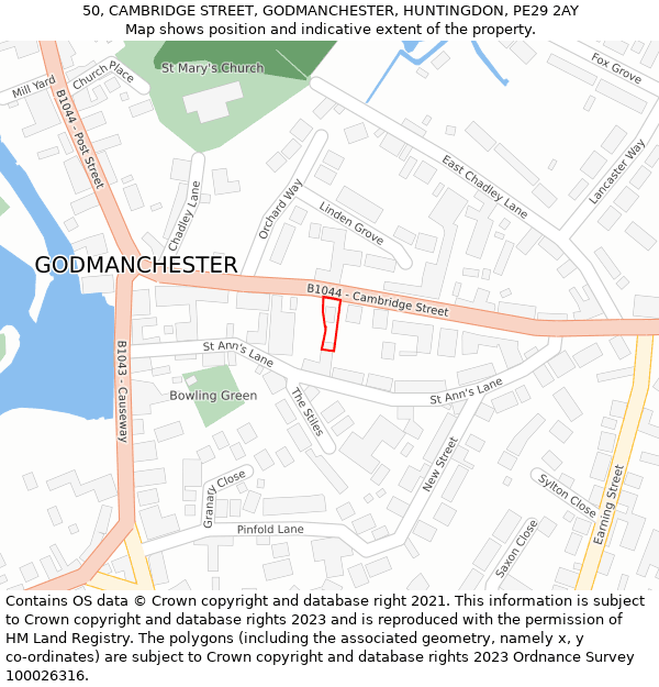 50, CAMBRIDGE STREET, GODMANCHESTER, HUNTINGDON, PE29 2AY: Location map and indicative extent of plot