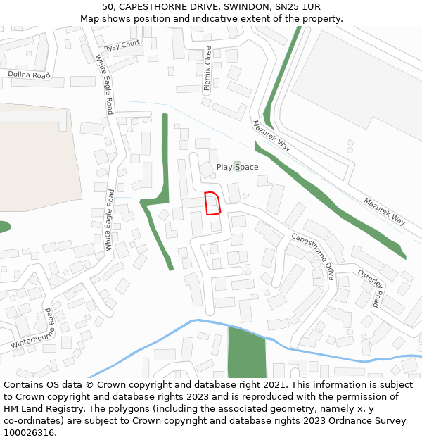 50, CAPESTHORNE DRIVE, SWINDON, SN25 1UR: Location map and indicative extent of plot