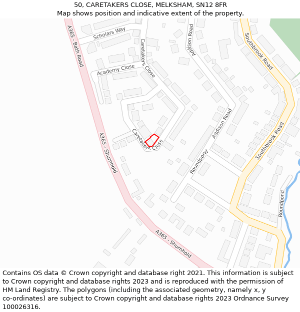 50, CARETAKERS CLOSE, MELKSHAM, SN12 8FR: Location map and indicative extent of plot