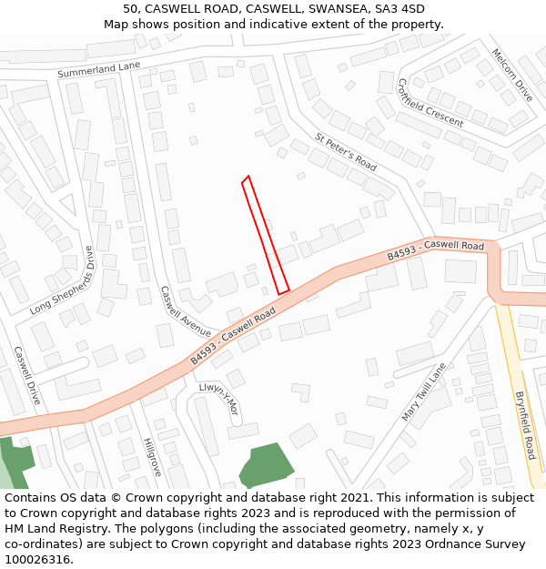 50, CASWELL ROAD, CASWELL, SWANSEA, SA3 4SD: Location map and indicative extent of plot