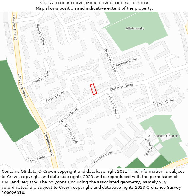 50, CATTERICK DRIVE, MICKLEOVER, DERBY, DE3 0TX: Location map and indicative extent of plot