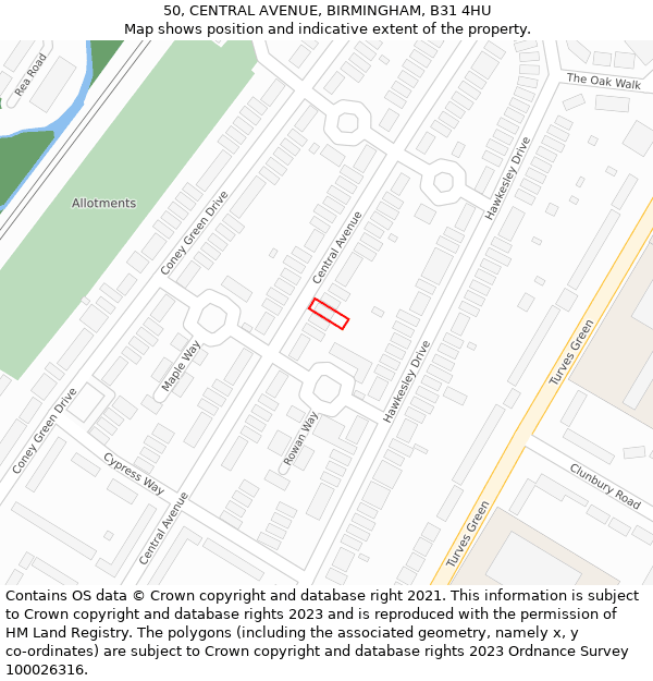 50, CENTRAL AVENUE, BIRMINGHAM, B31 4HU: Location map and indicative extent of plot