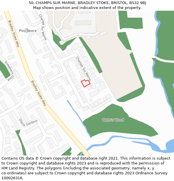 50, CHAMPS SUR MARNE, BRADLEY STOKE, BRISTOL, BS32 9BJ: Location map and indicative extent of plot