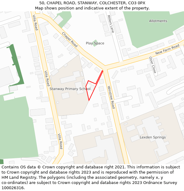 50, CHAPEL ROAD, STANWAY, COLCHESTER, CO3 0PX: Location map and indicative extent of plot