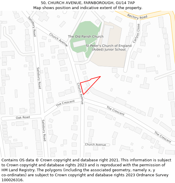 50, CHURCH AVENUE, FARNBOROUGH, GU14 7AP: Location map and indicative extent of plot