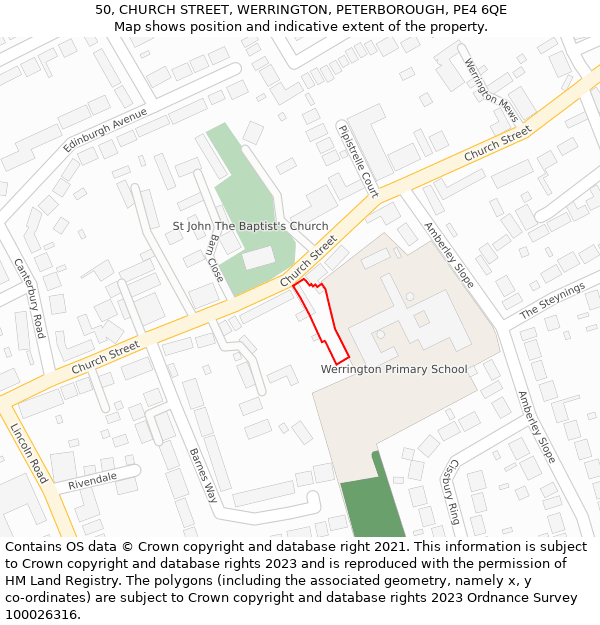 50, CHURCH STREET, WERRINGTON, PETERBOROUGH, PE4 6QE: Location map and indicative extent of plot