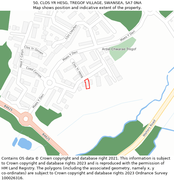 50, CLOS YR HESG, TREGOF VILLAGE, SWANSEA, SA7 0NA: Location map and indicative extent of plot