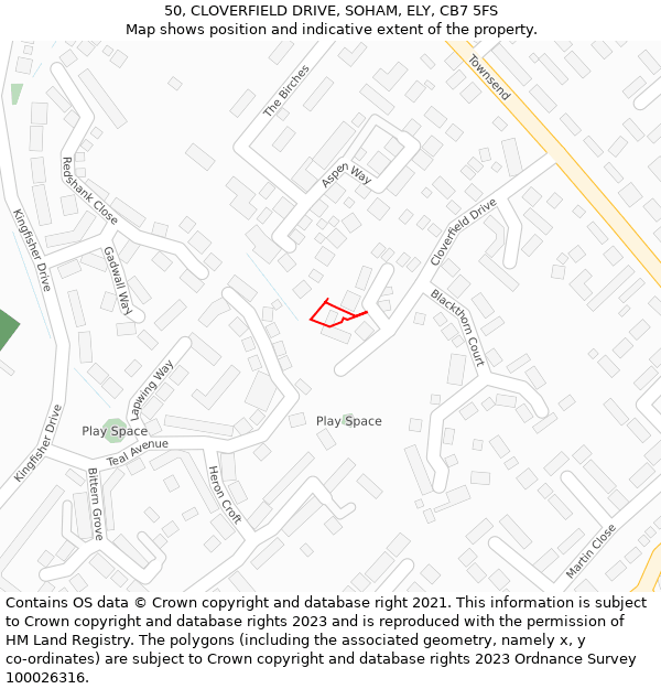 50, CLOVERFIELD DRIVE, SOHAM, ELY, CB7 5FS: Location map and indicative extent of plot