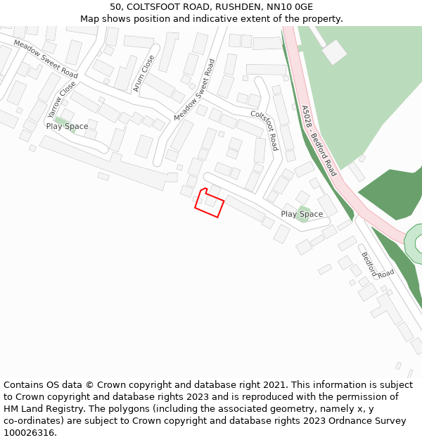 50, COLTSFOOT ROAD, RUSHDEN, NN10 0GE: Location map and indicative extent of plot