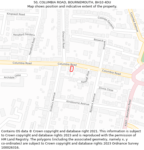 50, COLUMBIA ROAD, BOURNEMOUTH, BH10 4DU: Location map and indicative extent of plot