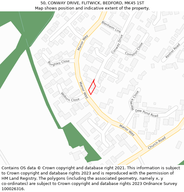 50, CONWAY DRIVE, FLITWICK, BEDFORD, MK45 1ST: Location map and indicative extent of plot