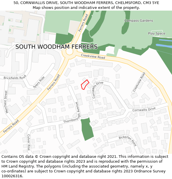50, CORNWALLIS DRIVE, SOUTH WOODHAM FERRERS, CHELMSFORD, CM3 5YE: Location map and indicative extent of plot