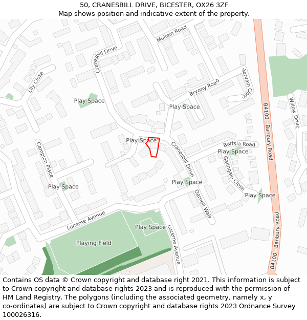 50, CRANESBILL DRIVE, BICESTER, OX26 3ZF: Location map and indicative extent of plot