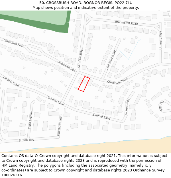 50, CROSSBUSH ROAD, BOGNOR REGIS, PO22 7LU: Location map and indicative extent of plot