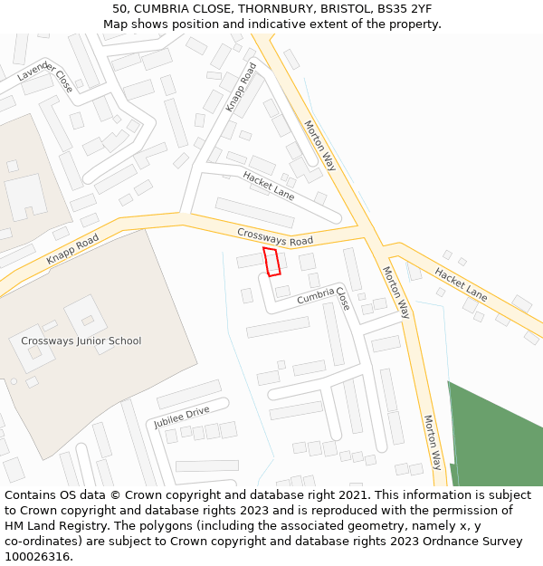 50, CUMBRIA CLOSE, THORNBURY, BRISTOL, BS35 2YF: Location map and indicative extent of plot