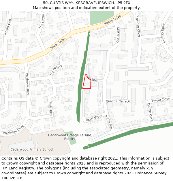 50, CURTIS WAY, KESGRAVE, IPSWICH, IP5 2FX: Location map and indicative extent of plot